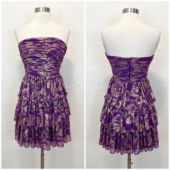 Y2k 90s Vintage Mini Dress Purple Gold Metallic Tiered Jodi Kristopher 5 - Picture 1 of 13
